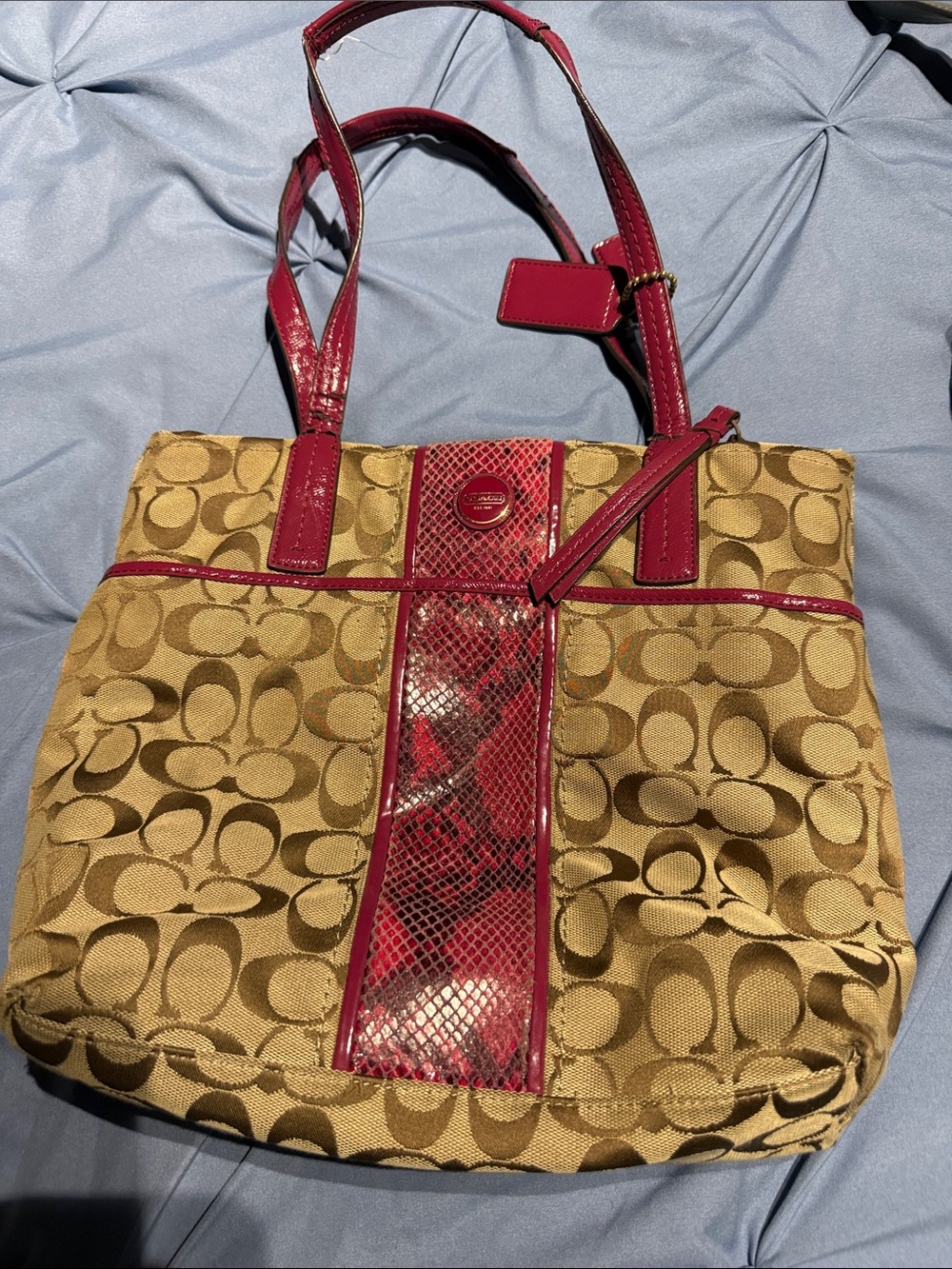 Coach Tan Signature Canvas Tote with Red Patent Trim